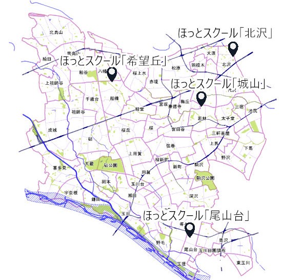 ほっとスクール4施設の位置を示した地図