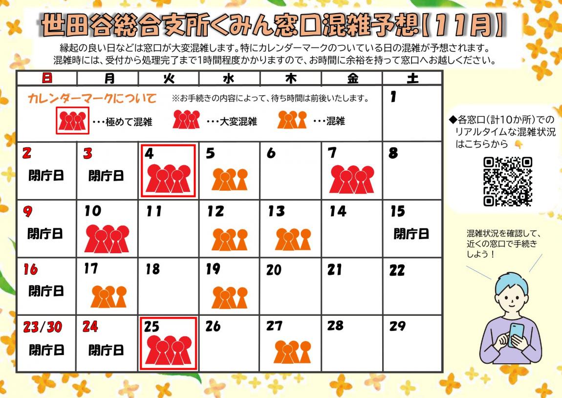 11月混雑予想です。混むと予想されるのは、11月4日、5日、7日、10日、12日、13日、17日、19日、25日、27日です。