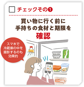 チェックその（1）買い物に行く前に手持ちの食材と期限を確認（スマホで冷蔵庫の中を撮影するのも効果的）