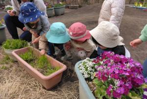 プランターの下を覗く子どもたち