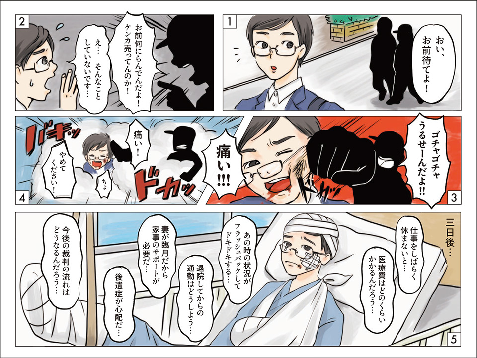 路上で暴行を受けてけがをした人のイラスト（漫画）
1おい、お前待てよ！
2お前何にらんでんだよ！ケンカ売ってんのか！え…そんなことしていないです…
3ゴチャゴチャうるせーんだよ！！
4痛い！ちょ、やめてください！
5三日後　仕事をしばらく休まないと…　医療費はどのくらいかかるんだろう…
あの時の状況がフラッシュバックしてドキドキする…退院してからの通勤はどうしよう…
妻が臨月だから家事のサポートが必要だ…後遺症が心配だ…今後の裁判の流れはどうなるんだろう…