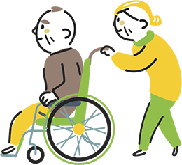 車椅子のおじいさんを押すおばあさんのイラスト