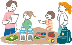 備蓄品を確認する家族のイラスト
