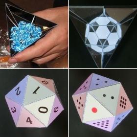 鏡の中にサッカーボールが浮き上がる様子と正20面体サイコロの完成画像