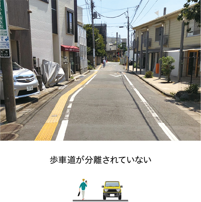 歩車道が分離されていない道路の写真とイラスト