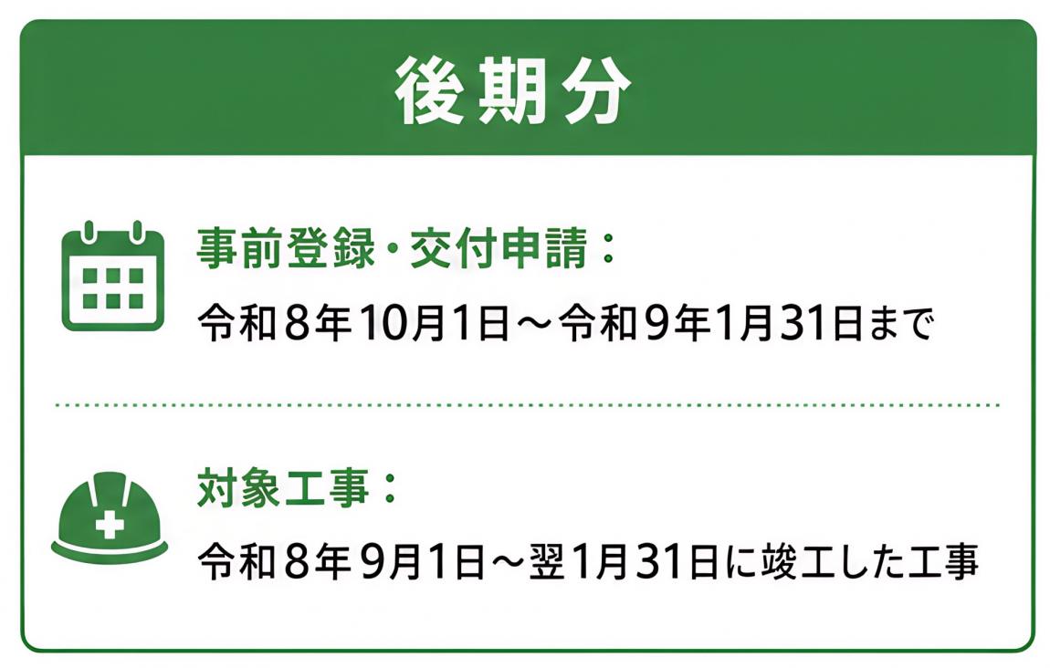 後期スケジュール事前登録・交付申請：令和8年​10月1日～令和9年1月31日まで） ​対象工事： 令和8年9月1日～翌1月31日