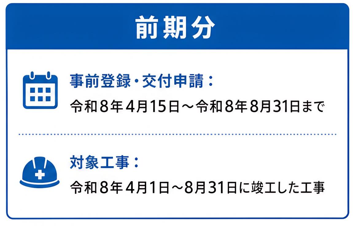 前期スケジュール事前登録・交付申請：​令和8年4月15日～令和8年8月31日まで ​対象工事： 令和8年4月1日～8月31日に竣