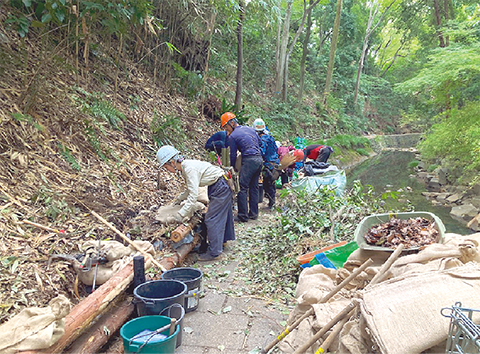 木や石など自然素材を活用しての再生作業する様子の写真