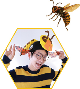 丸沢丸さん(スズメバチ芸人)の写真とスズメバチのイラスト