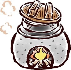 かまどでご飯を炊く様子のイラスト