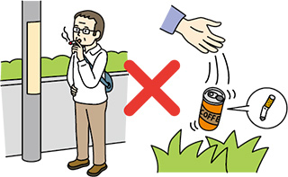 指定喫煙場所以外でたばこを吸う男性のイラスト／吸い殻や空き缶をポイ捨てする様子のイラスト