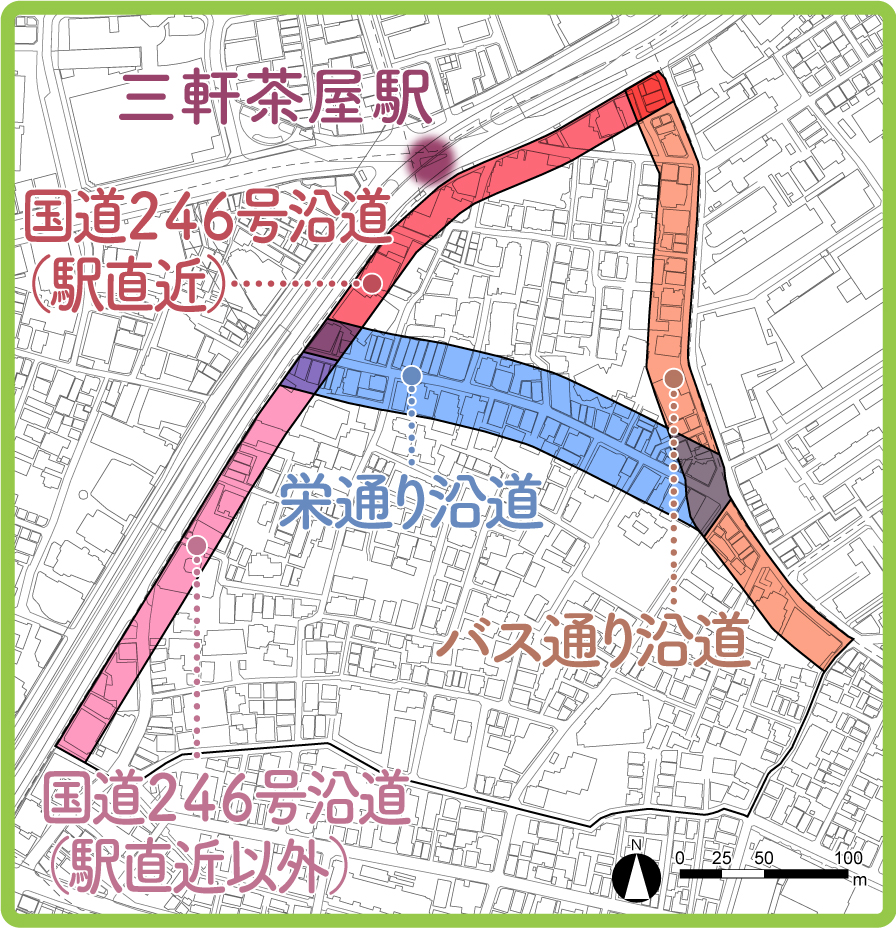 三軒茶屋一丁目地区の区域図（各沿道）