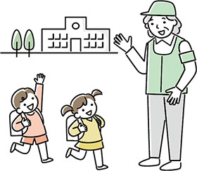 地域の子どもたちと見守りを行うシルバー人材センターの会員のイラスト
