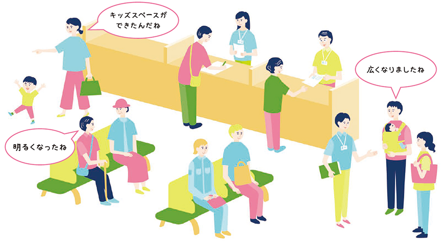 世田谷総合支所の窓口の職員と窓口を利用する人々のイメージイラスト／キッズスペースができたんだね／明るくなったね／広くなりましたね