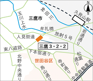 三鷹都市計画道路3・2・2号線(東八道路)を示す地図