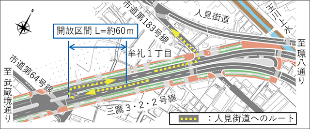 環八通り方面から人見街道へのアクセスを示す地図
