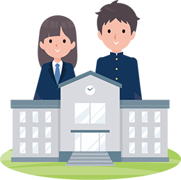 学校と男女の生徒のイラスト