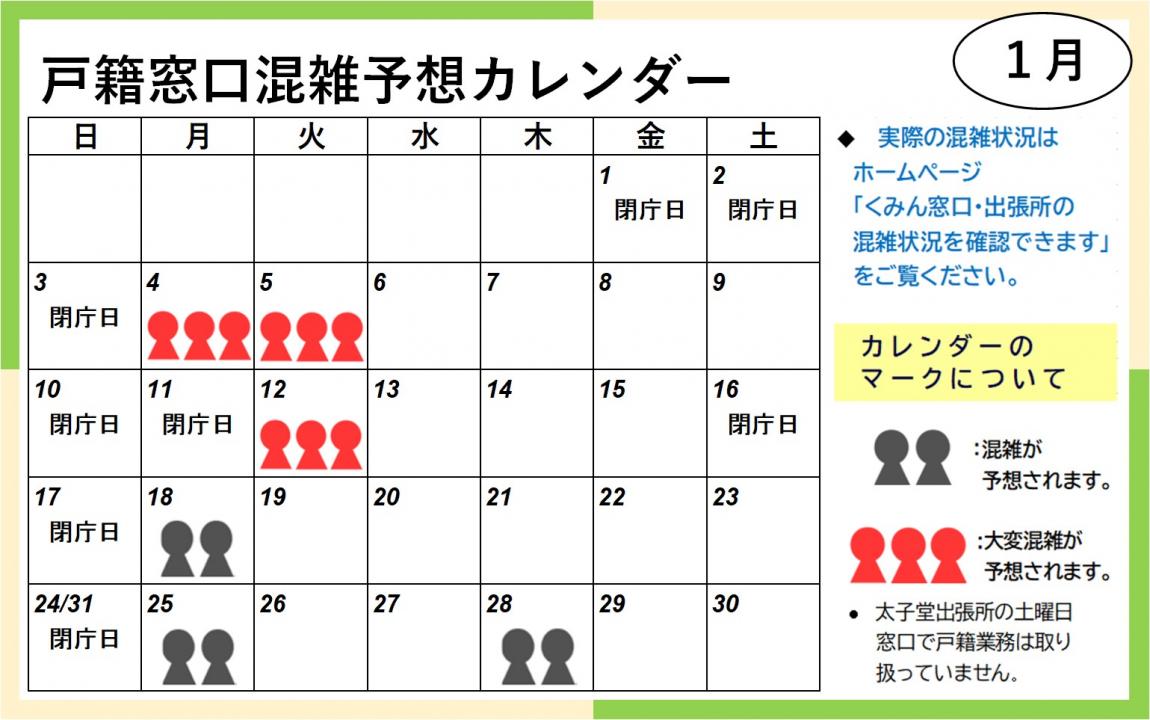 1月戸籍窓口混雑予想カレンダー