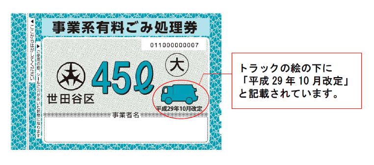 右側の車の絵の下に平成29年10月改定と記載されているごみ処理券の画像