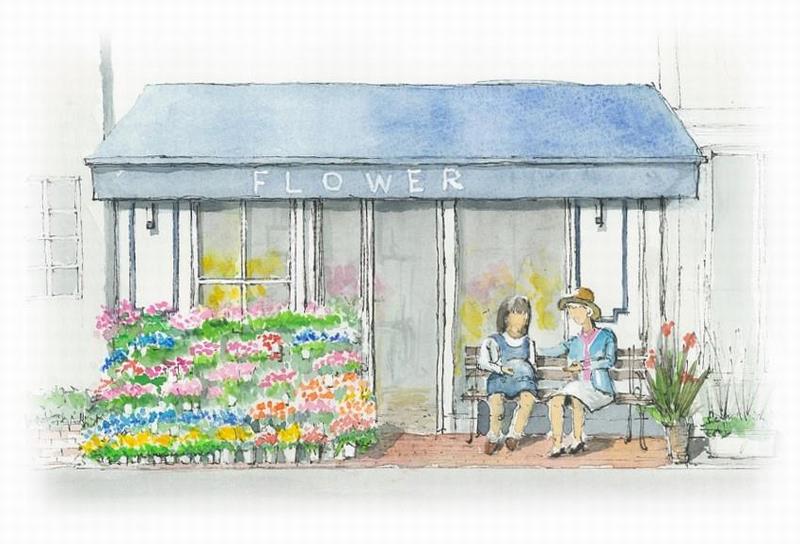 お花屋さんの前のベンチに座って語らう女性たちのイラスト